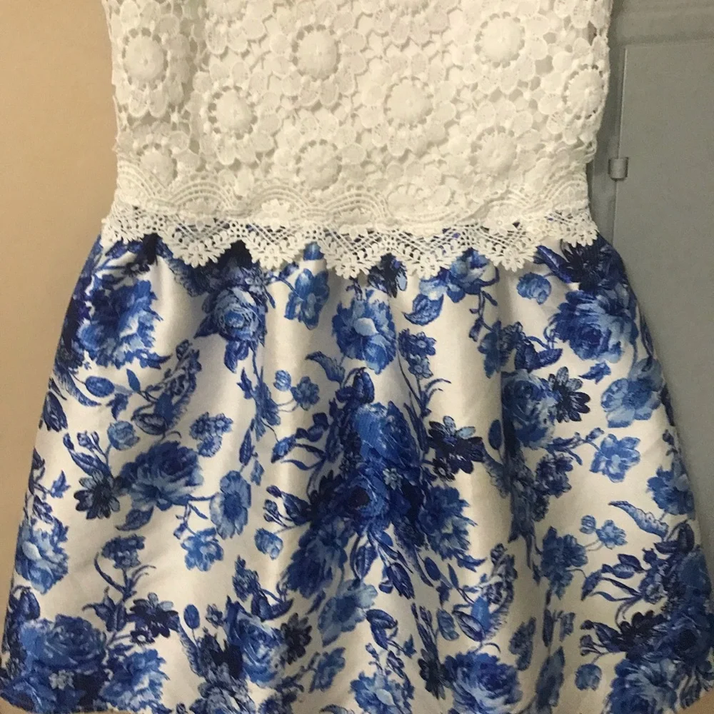 White and Blue Floral Kids Dress - Picture 2 of 7